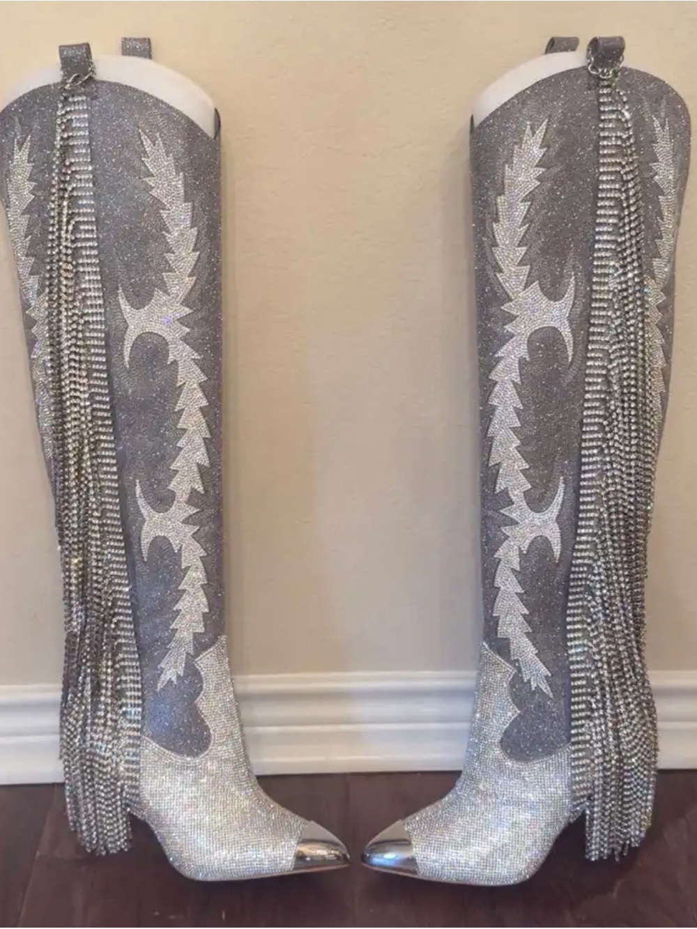 Gianni Bini Silver Rhinestone Fringe Knee-High Boots
